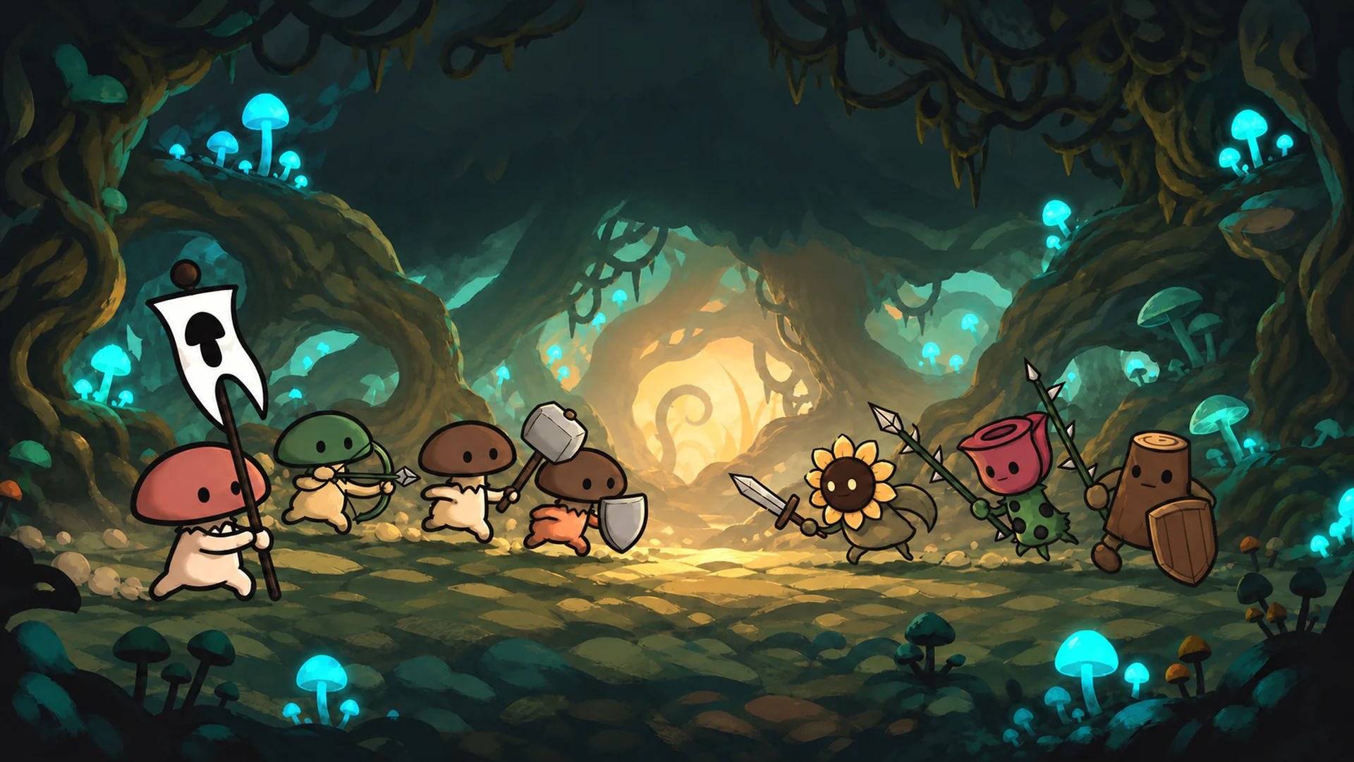 Mushroom troops face plant enemies in a glowing underground cavern.