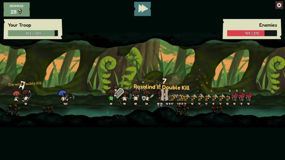 Mushroom troops clash with plant enemies in an active Auto Shrooms battle.