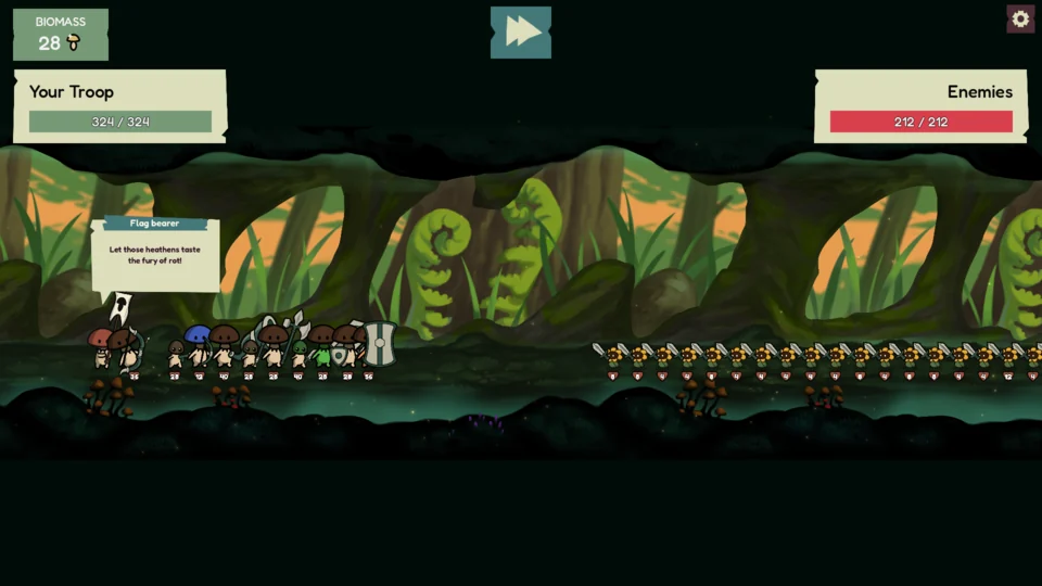 Mushroom and plant forces approach one another across the battlefield.