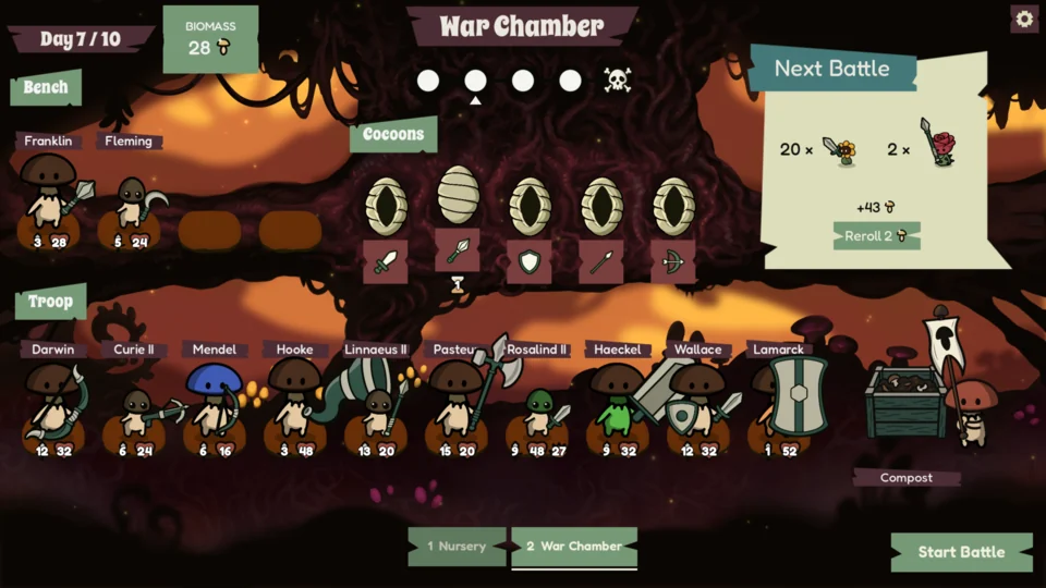 The War Chamber shows the squad, bench, weapon-school Cocoons, and the next enemy army.