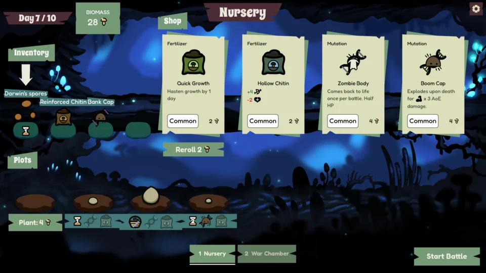 The Nursery contains planted spores, growing plots, and shop offers for Fertilizers and Mutations.